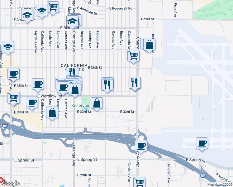 map of restaurants, bars, coffee shops, grocery stores, and more near 1745 East Wardlow Road in Long Beach