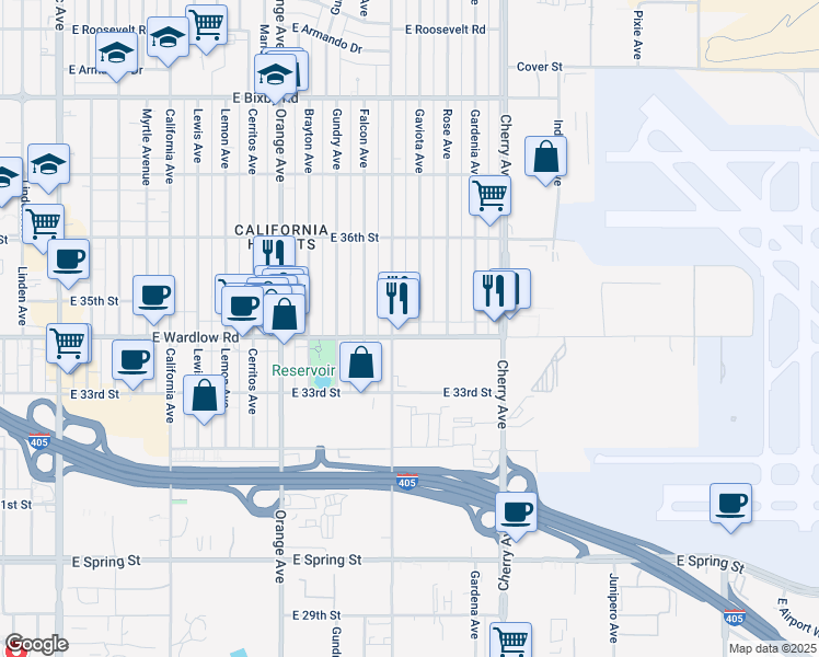 map of restaurants, bars, coffee shops, grocery stores, and more near 1611 East Wardlow Road in Long Beach