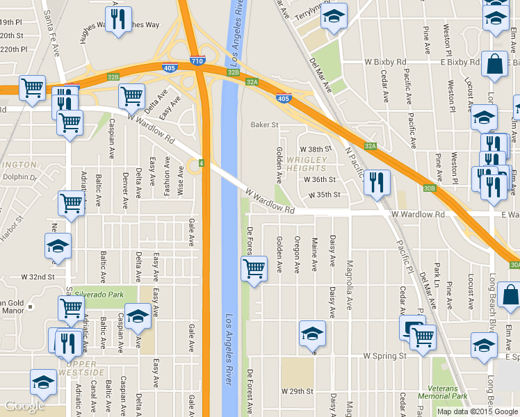 map of restaurants, bars, coffee shops, grocery stores, and more near 867 West 34th Street in Long Beach