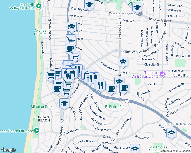map of restaurants, bars, coffee shops, grocery stores, and more near 414 Avenue G in Redondo Beach