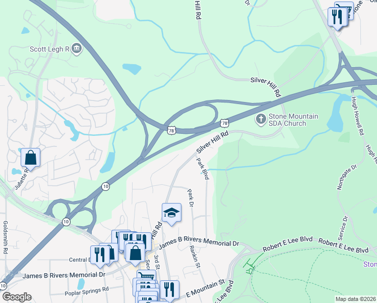 map of restaurants, bars, coffee shops, grocery stores, and more near 1266 Silver Hill Road in Stone Mountain