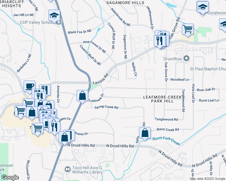 map of restaurants, bars, coffee shops, grocery stores, and more near 2167 Tanglewood Road in Decatur