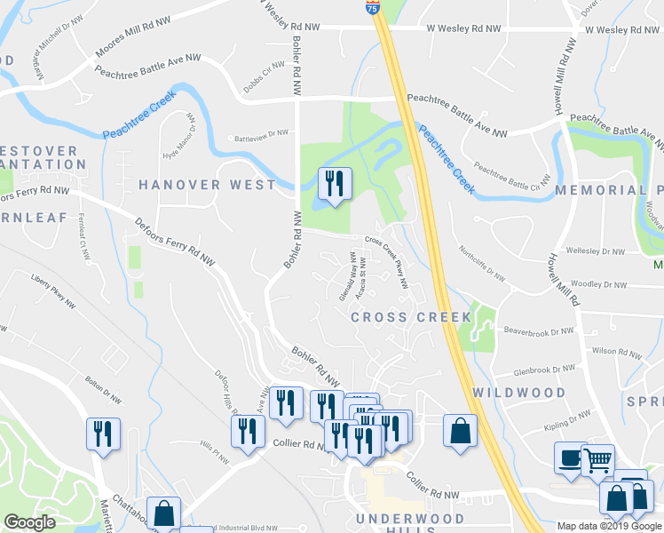 map of restaurants, bars, coffee shops, grocery stores, and more near 155 Amherst Place Northwest in Atlanta