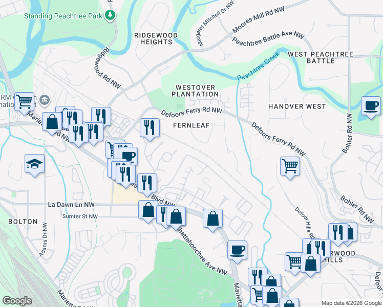 map of restaurants, bars, coffee shops, grocery stores, and more near 1229 Liberty Parkway Northwest in Atlanta