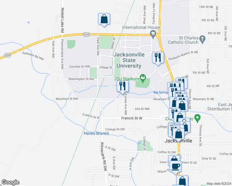 map of restaurants, bars, coffee shops, grocery stores, and more near 503 Mountain Street Northwest in Jacksonville