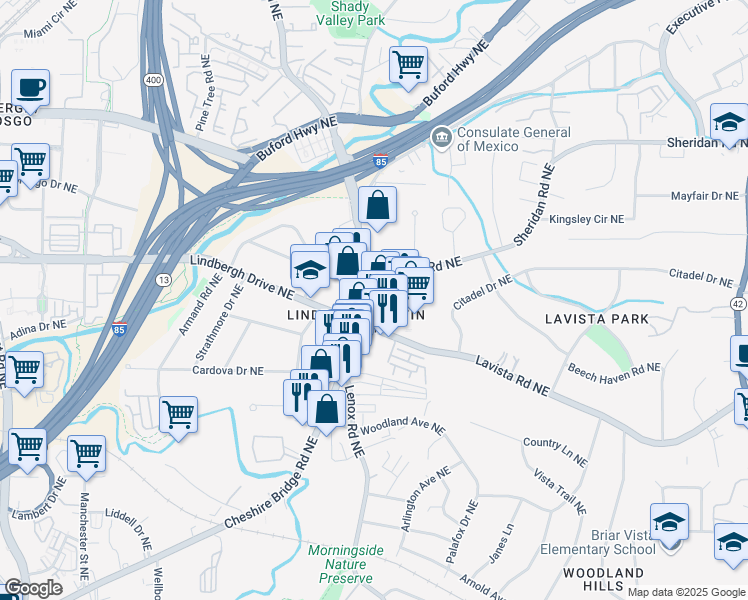 map of restaurants, bars, coffee shops, grocery stores, and more near 2349 Cheshire Bridge Road Northeast in Atlanta