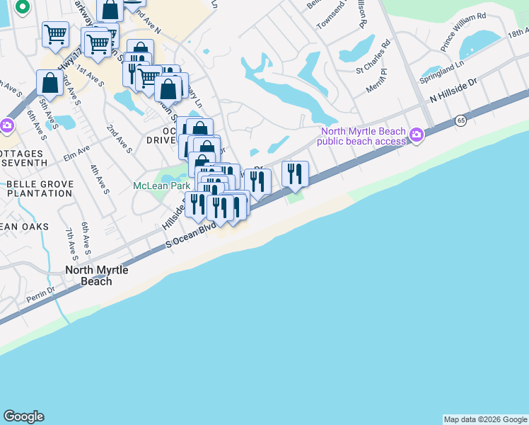 map of restaurants, bars, coffee shops, grocery stores, and more near 102 South Carolina 65 in North Myrtle Beach