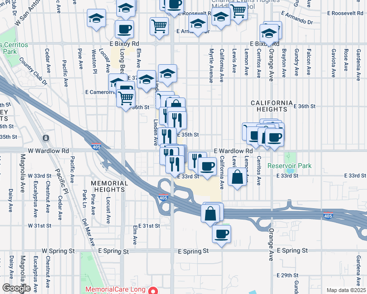 map of restaurants, bars, coffee shops, grocery stores, and more near 719 East Wardlow Road in Long Beach