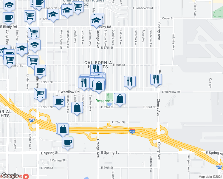map of restaurants, bars, coffee shops, grocery stores, and more near 3411 Gundry Avenue in Long Beach