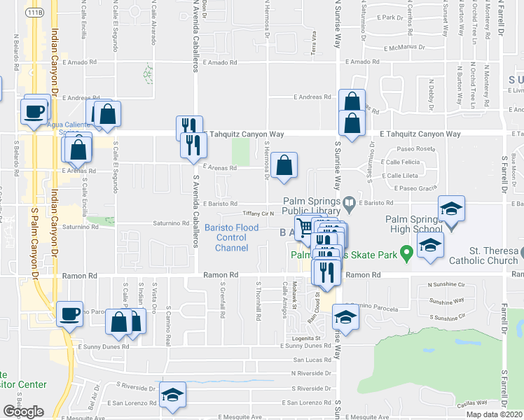 map of restaurants, bars, coffee shops, grocery stores, and more near 1294 Tiffany Circle North in Palm Springs