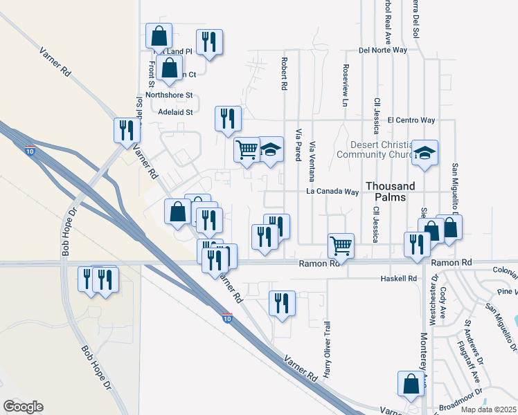 map of restaurants, bars, coffee shops, grocery stores, and more near 31665 Christy Way in Thousand Palms