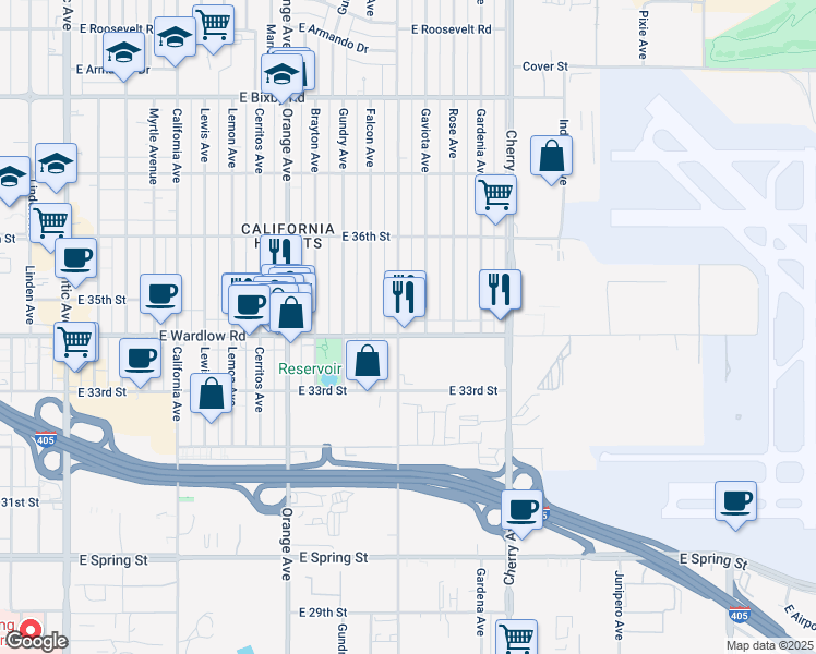 map of restaurants, bars, coffee shops, grocery stores, and more near 1611 East Wardlow Road in Long Beach