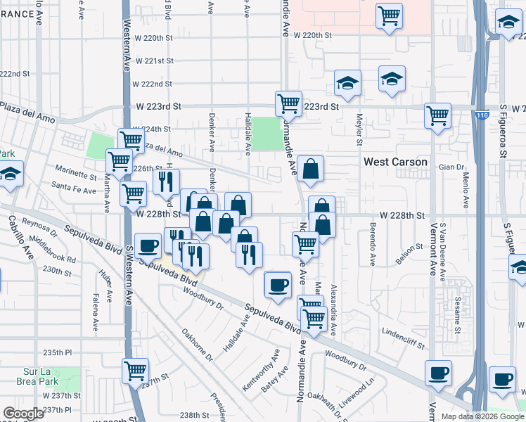 map of restaurants, bars, coffee shops, grocery stores, and more near 1337 West 228th Street in Torrance