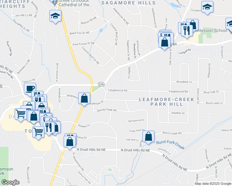 map of restaurants, bars, coffee shops, grocery stores, and more near 2167 Tanglewood Road in Decatur
