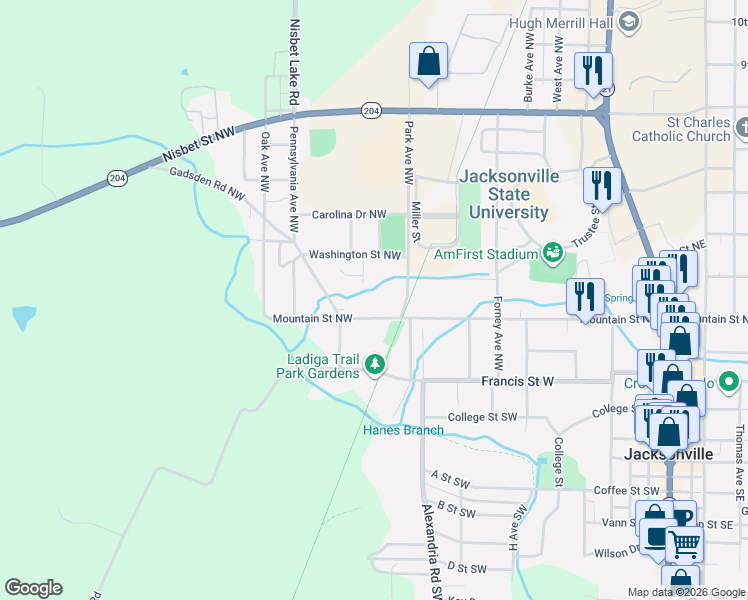 map of restaurants, bars, coffee shops, grocery stores, and more near 713 Mountain Street Northwest in Jacksonville