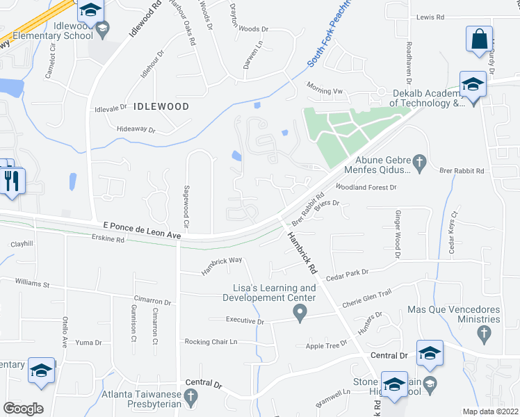 map of restaurants, bars, coffee shops, grocery stores, and more near 4337 Orchard Park Court in Stone Mountain