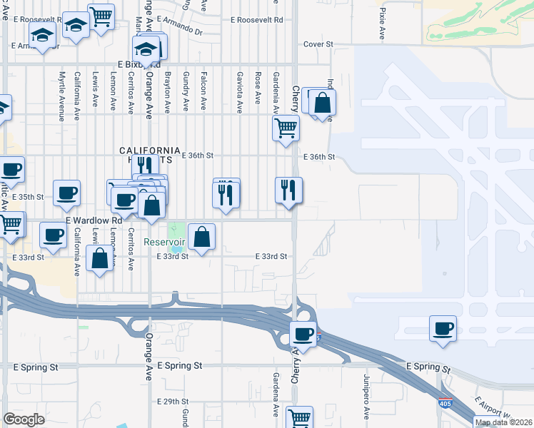 map of restaurants, bars, coffee shops, grocery stores, and more near 1805 East Wardlow Road in Long Beach
