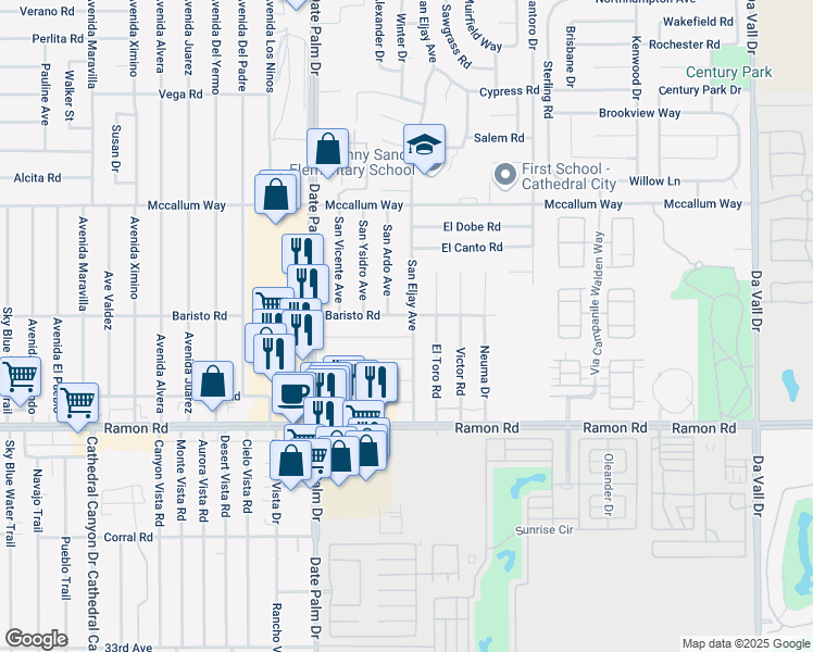 map of restaurants, bars, coffee shops, grocery stores, and more near 31550 San Eljay Avenue in Cathedral City