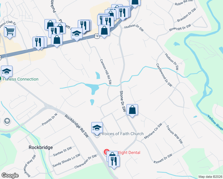 map of restaurants, bars, coffee shops, grocery stores, and more near 2358 Cannon Hill Road Southwest in Lilburn