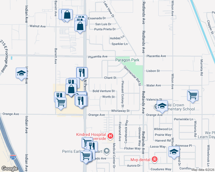 map of restaurants, bars, coffee shops, grocery stores, and more near 2593 Elwood Court in Perris