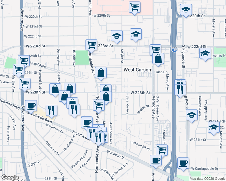 map of restaurants, bars, coffee shops, grocery stores, and more near 1201 West 228th Street in Torrance