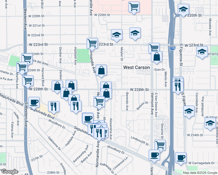 map of restaurants, bars, coffee shops, grocery stores, and more near 1201 West 228th Street in Torrance