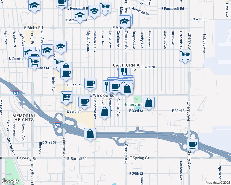 map of restaurants, bars, coffee shops, grocery stores, and more near 1133 East Wardlow Road in Long Beach