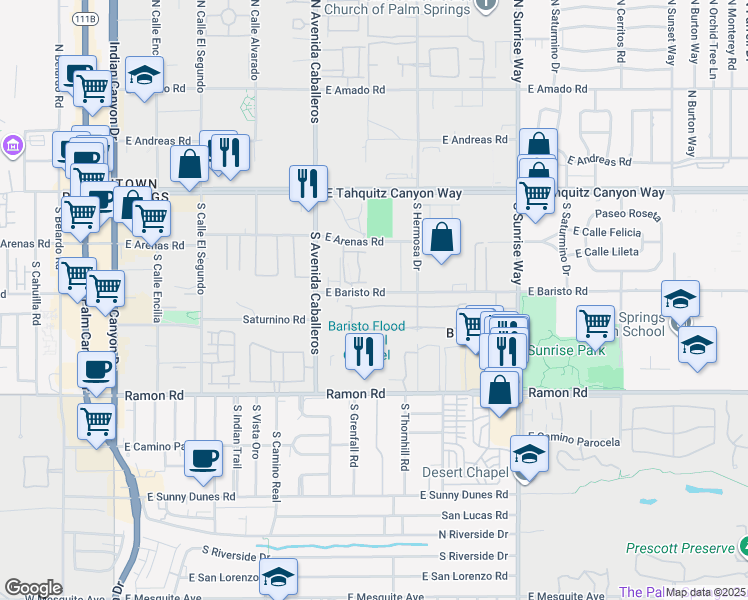 map of restaurants, bars, coffee shops, grocery stores, and more near 1186 Tiffany Circle South in Palm Springs