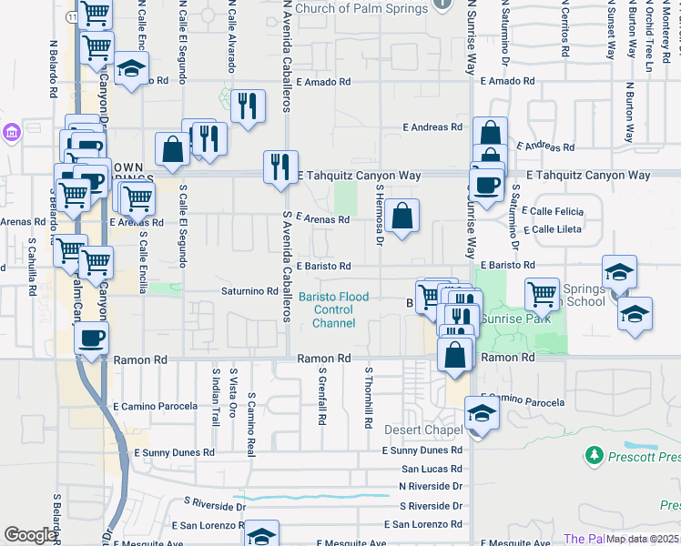 map of restaurants, bars, coffee shops, grocery stores, and more near 1186 Tiffany Circle South in Palm Springs