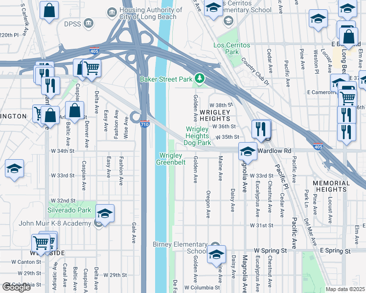 map of restaurants, bars, coffee shops, grocery stores, and more near 895 West 34th Street in Long Beach