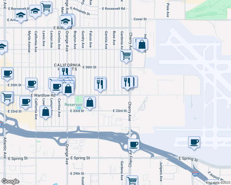 map of restaurants, bars, coffee shops, grocery stores, and more near 1801 East Wardlow Road in Long Beach