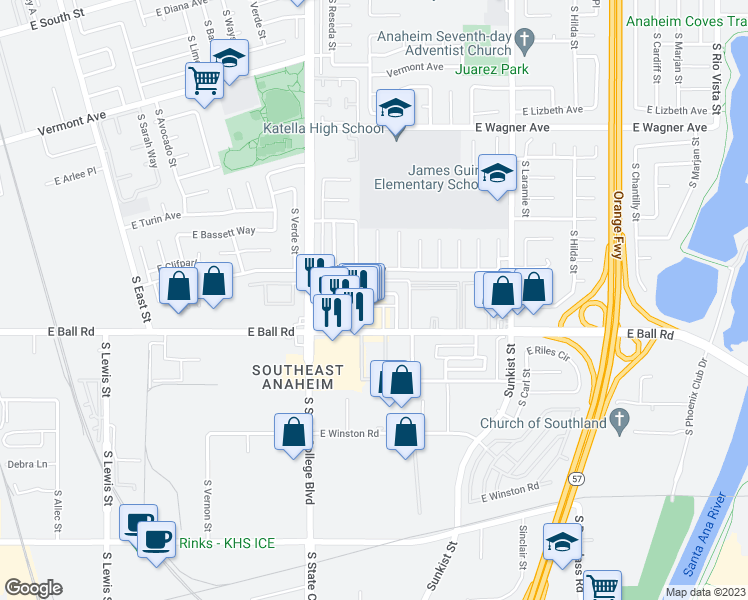 map of restaurants, bars, coffee shops, grocery stores, and more near 2126 East Almont Avenue in Anaheim