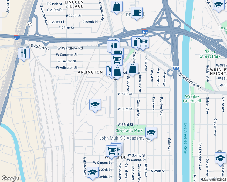 map of restaurants, bars, coffee shops, grocery stores, and more near 3423 Santa Fe Avenue in Long Beach