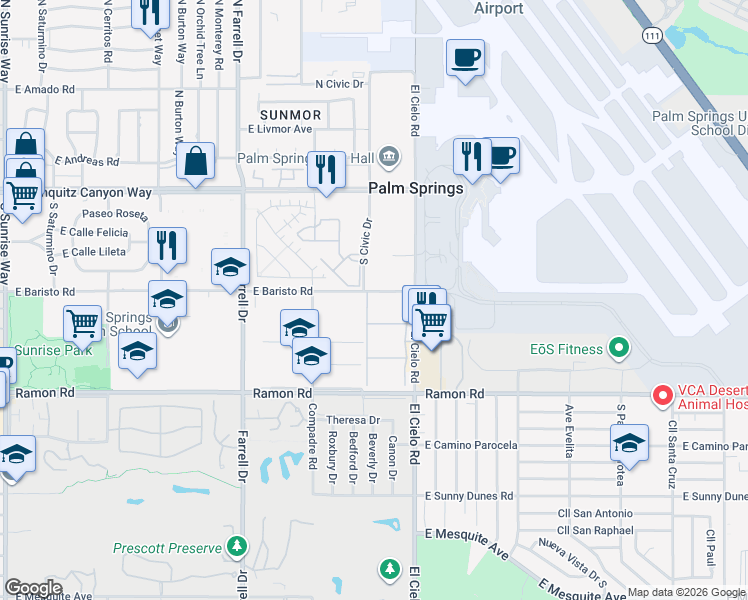 map of restaurants, bars, coffee shops, grocery stores, and more near 401 El Cielo Road in Palm Springs