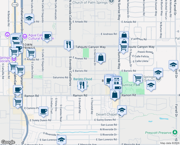 map of restaurants, bars, coffee shops, grocery stores, and more near 1253 Tiffany Circle North in Palm Springs