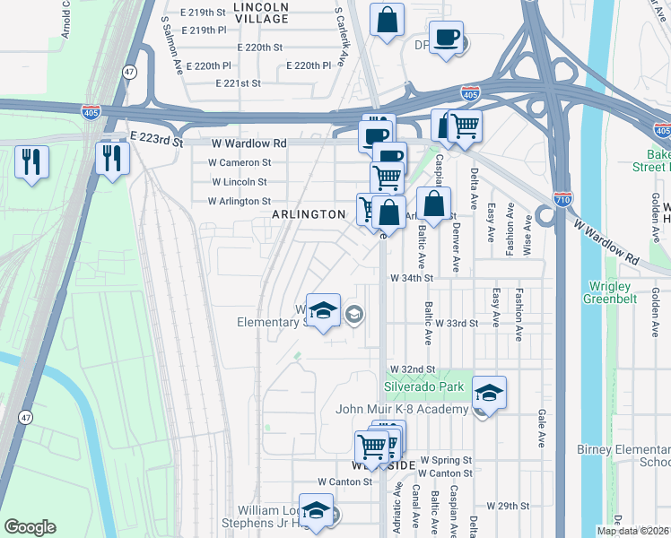 map of restaurants, bars, coffee shops, grocery stores, and more near 3595 Santa Fe Avenue in Long Beach