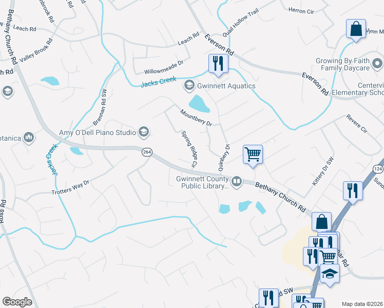 map of restaurants, bars, coffee shops, grocery stores, and more near 2920 Spring Ridge Circle in Snellville
