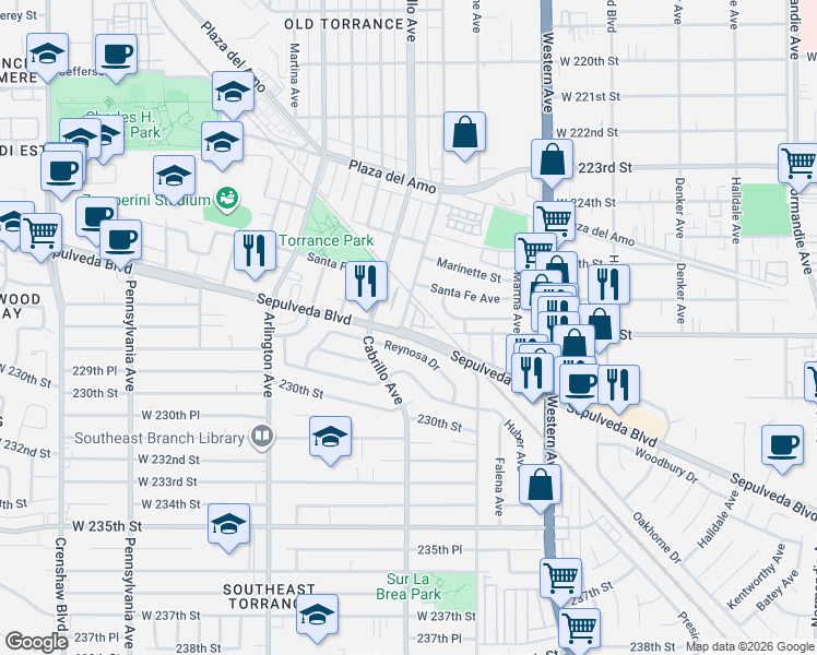 map of restaurants, bars, coffee shops, grocery stores, and more near 2748 Border Avenue in Torrance