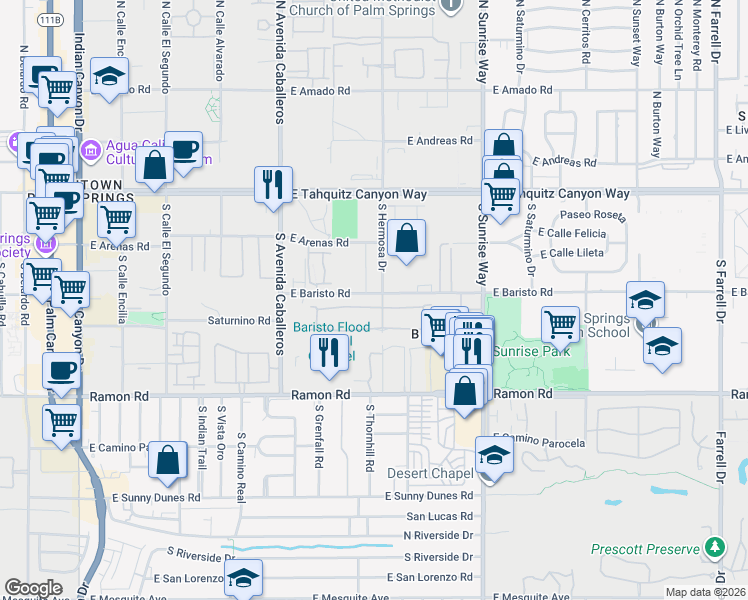 map of restaurants, bars, coffee shops, grocery stores, and more near 1294 Tiffany Circle North in Palm Springs