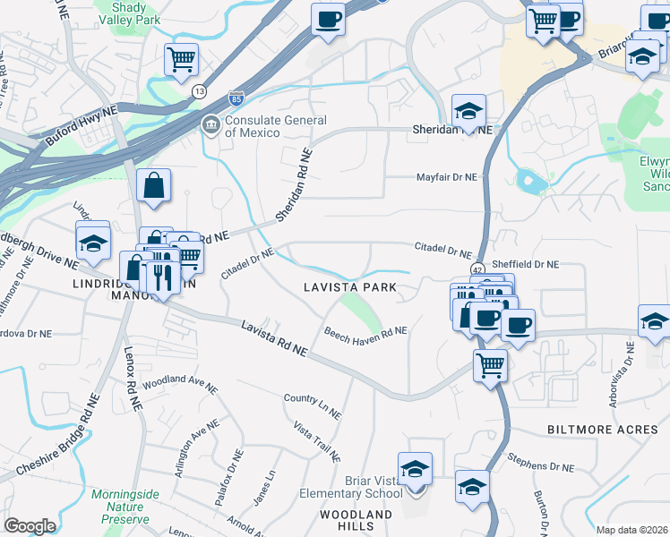 map of restaurants, bars, coffee shops, grocery stores, and more near 1166 Wild Creek Trail Northeast in Atlanta
