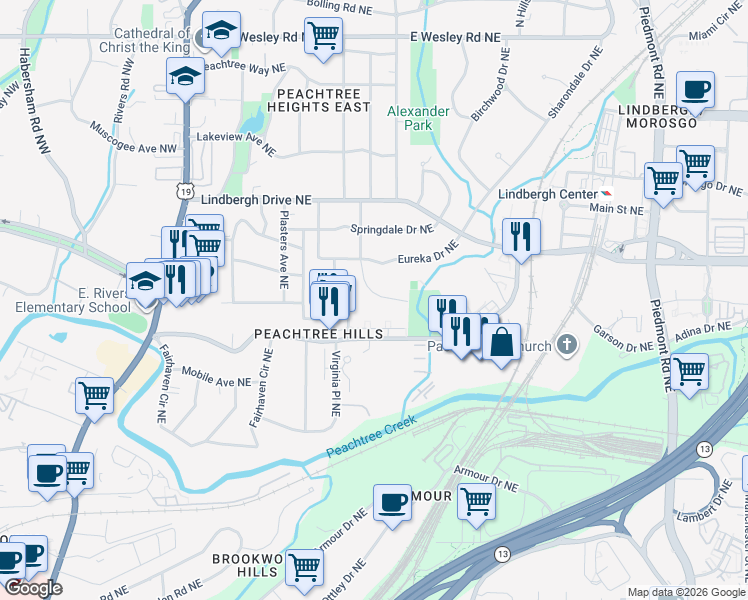 map of restaurants, bars, coffee shops, grocery stores, and more near 2354 Hurst Drive Northeast in Atlanta