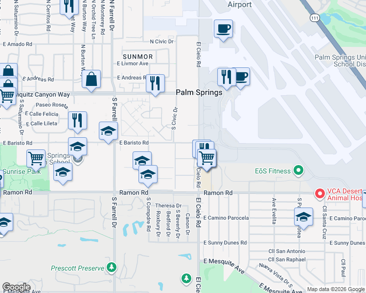 map of restaurants, bars, coffee shops, grocery stores, and more near 401 El Cielo Road in Palm Springs