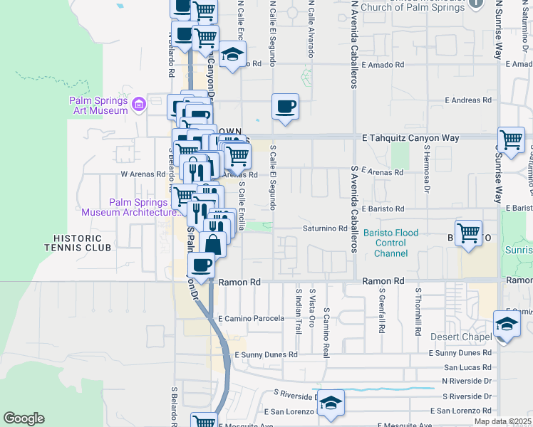map of restaurants, bars, coffee shops, grocery stores, and more near 303 South Calle El Segundo in Palm Springs