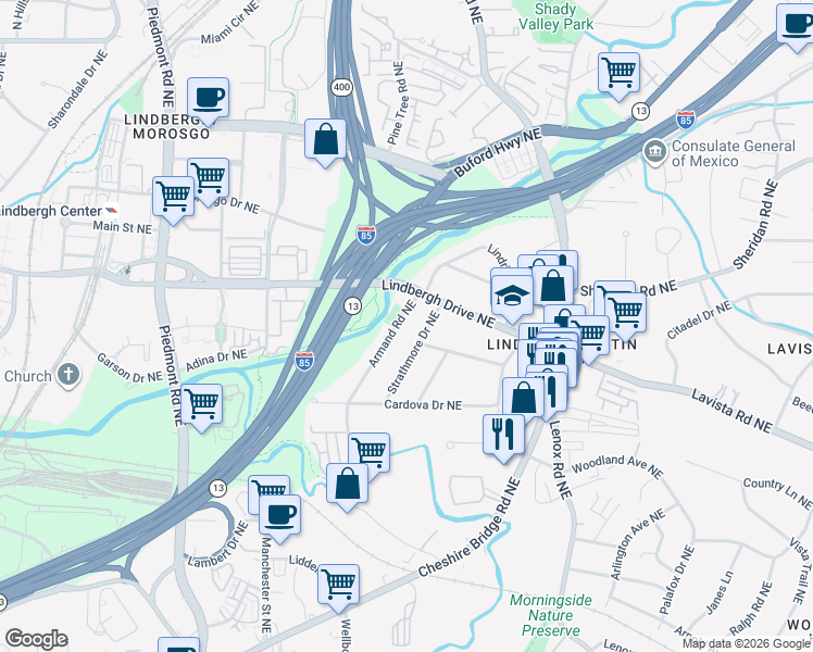 map of restaurants, bars, coffee shops, grocery stores, and more near 2371 Armand Road Northeast in Atlanta