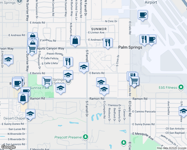 map of restaurants, bars, coffee shops, grocery stores, and more near 2777 East Baristo Road in Palm Springs