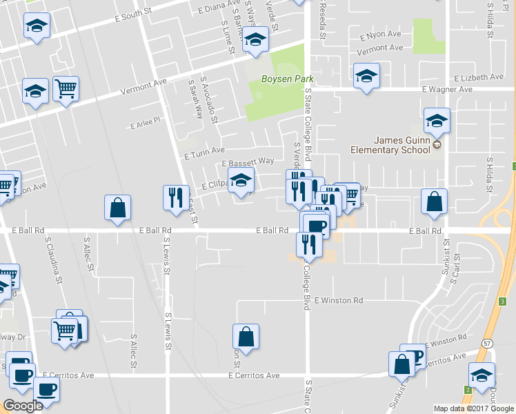 map of restaurants, bars, coffee shops, grocery stores, and more near 1442 East Bell Avenue in Anaheim