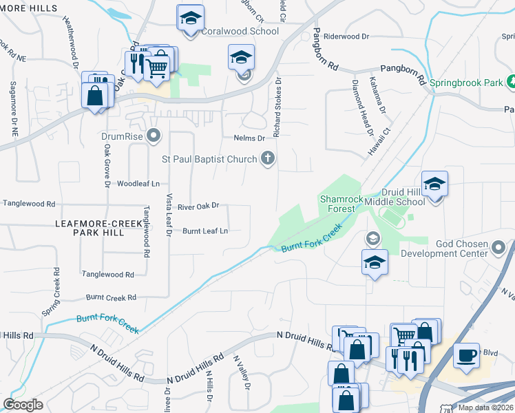 map of restaurants, bars, coffee shops, grocery stores, and more near 2584 River Oak Drive in Decatur