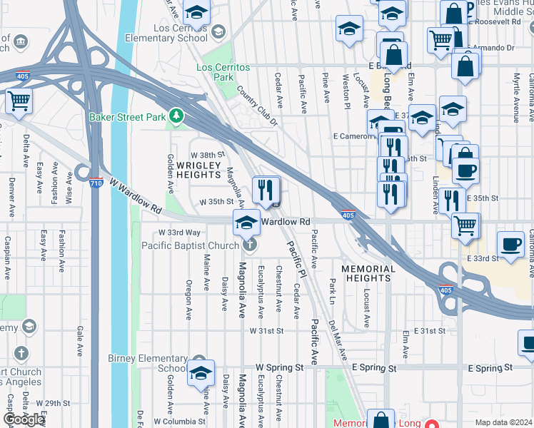 map of restaurants, bars, coffee shops, grocery stores, and more near 3401 Pacific Place in Long Beach