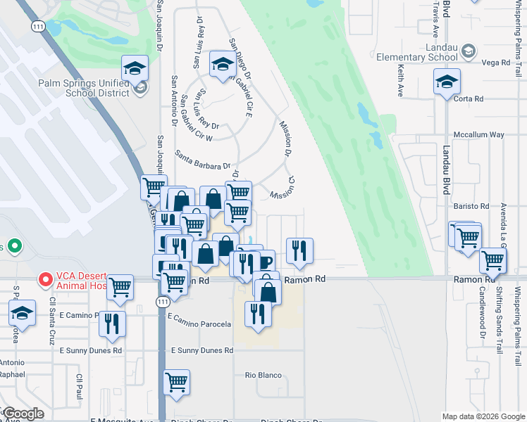 map of restaurants, bars, coffee shops, grocery stores, and more near 18 Lakeview Circle in Cathedral City