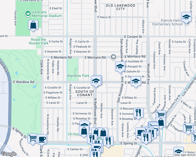 map of restaurants, bars, coffee shops, grocery stores, and more near in Long Beach